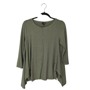 Lisa‎ Bayne Striped Tunic Womens S Olive Black Sharkbite Hem 3/4 Sleeve